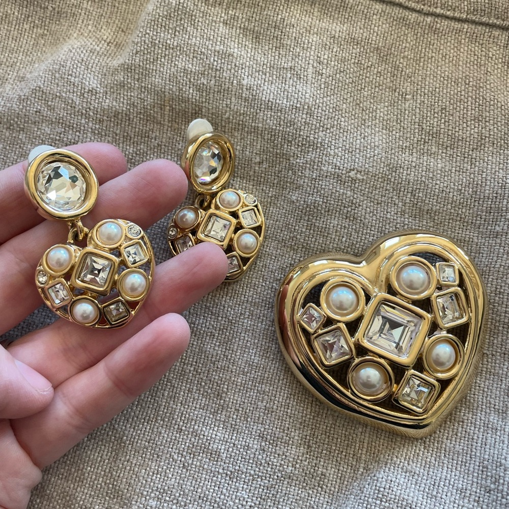 Matching GIVENCHY vintage clip-on earrings and brooch, gold, faux pearls, stones